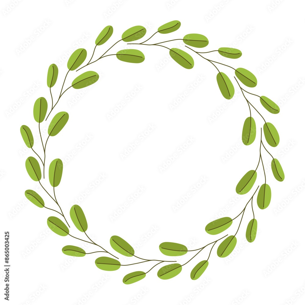 Vector wreath of leaves. Template for a postcard. Green circle of leaves and branches. Eco friendly icon. Concept of spring and summer holiday invitation. Vector wreath of leaves. Template for a postcard. Green circle of leaves and branches. Eco friendly icon. Concept of spring and summer holiday invitation.