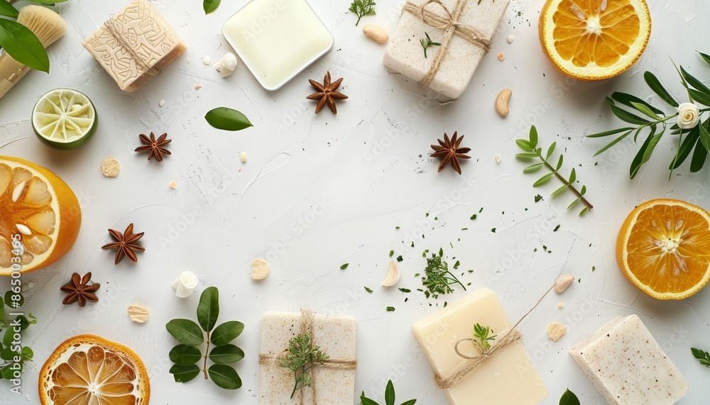 Frame of Natural Cosmetics and Handmade Soap on a White Background Frame of Natural Cosmetics and Handmade Soap on a White Background