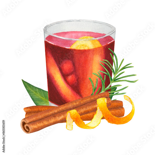 A glass of mulled wine with cinnamon, rosemary and orange zest isolated on transparent background. Hand drawn watercolor illustration. For design, cards, packaging, labels, menus, recipes, advertising