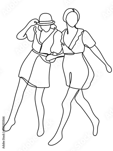 Konstfotografi Continuous black white line drawing of two young girls couple walking, going out with each other, chatting, hugging, minimalist art