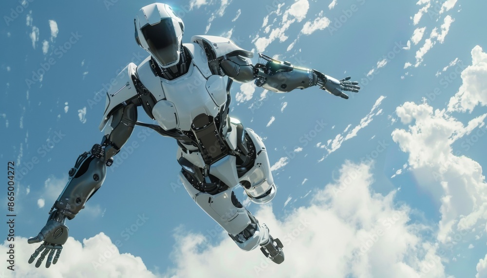 Advanced Humanoid Robot Skydiving Above Urban Skyline, Daylight Advanced Humanoid Robot Skydiving Above Urban Skyline, Daylight