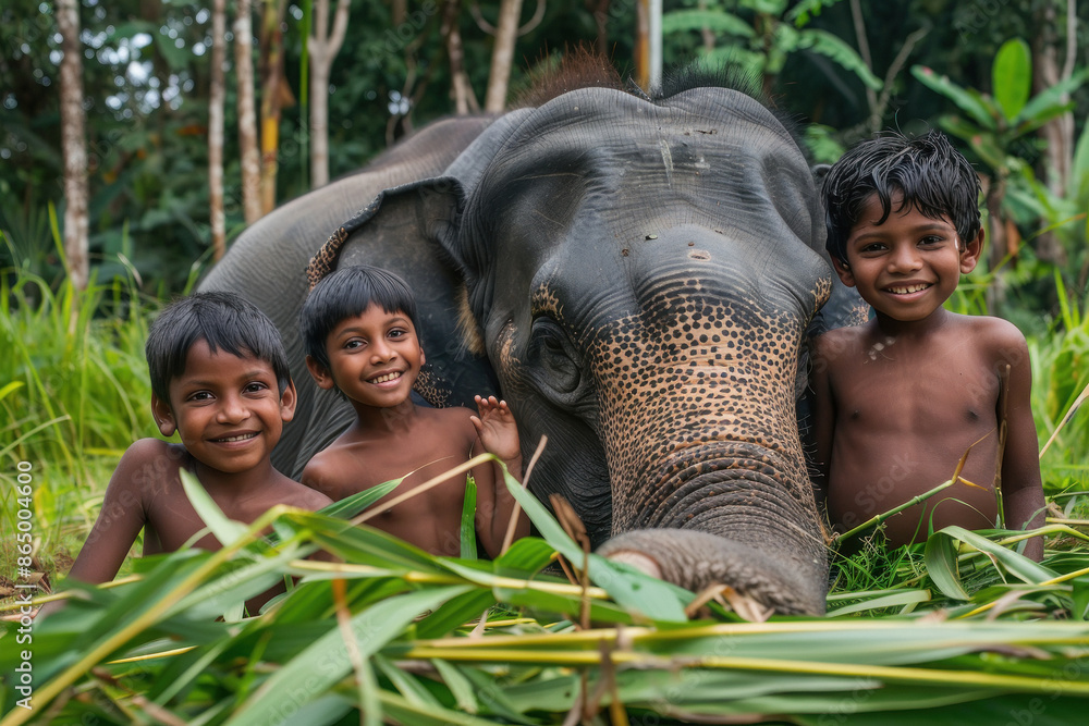 Fototapeta premium indian little kids with elephant