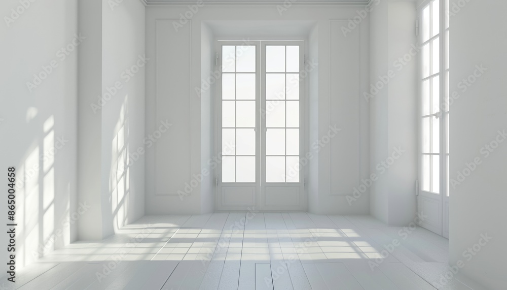 Fototapeta premium Empty Room with White Walls, Natural Light Through Window, Space for Text, Copy Space