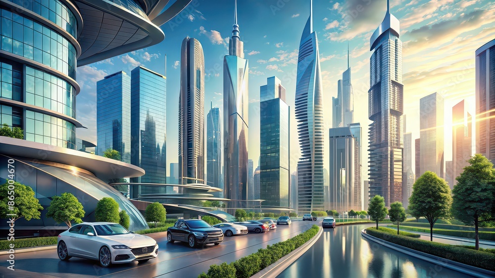 Naklejka premium Futuristic cityscape with modern architecture and advanced cars , future, city, skyline, buildings, technology