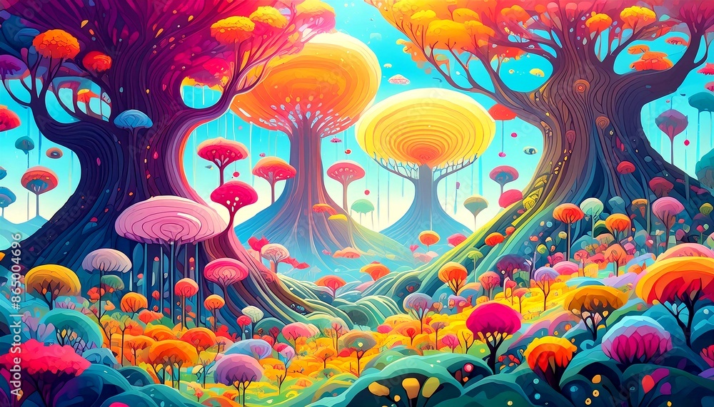 Illustration of a whimsical forest with trees growing upside down, vibrant colors, floating flowers. Fairy tale landscape. 3 Illustration of a whimsical forest with trees growing upside down, vibrant colors, floating flowers. Fairy tale landscape. 3