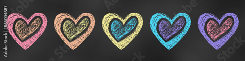 Realistic Chalk Drawn Sketch. Set of Design Elements Colorful Hearts Isolated on Chalkboard Backdrop.