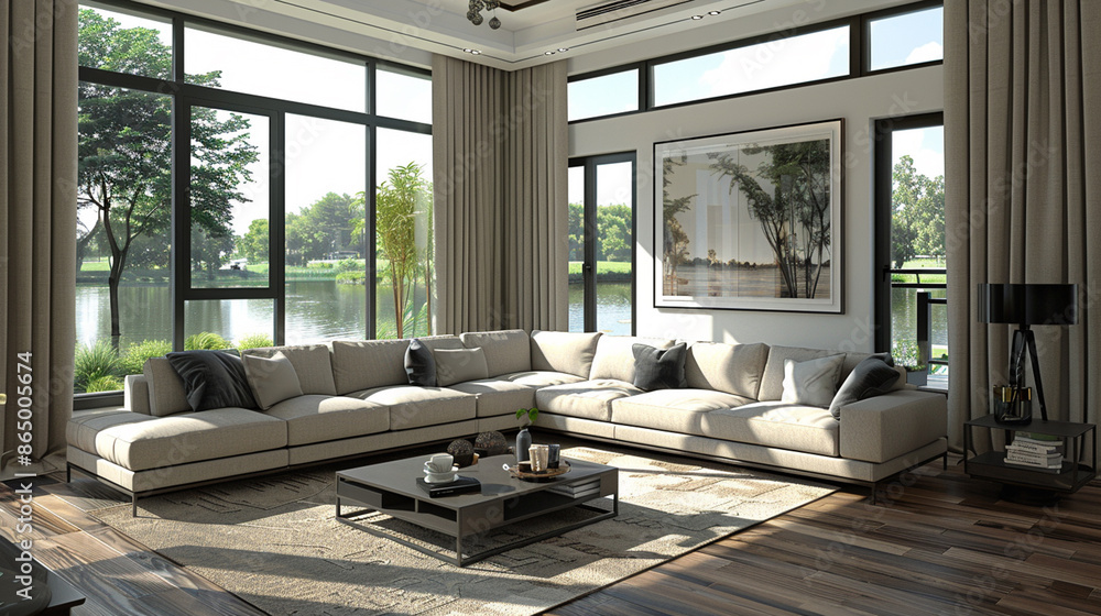 Fototapeta premium An elegant living room with contemporary furnishings, large windows with natural light, and sophisticated decor, providing a luxurious and comfortable space for living and entertaining.