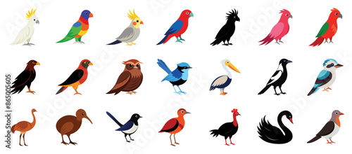 Collection of australian birds icons, vector cartoon illustration. Cockatoo parrot, magpie, emu, lorikeet, kookaburra, pelican.