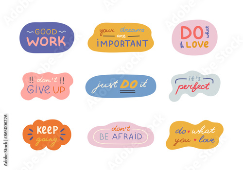 Handwritten lettering set with motivational and cheering phrases in abstract and geometric bubbles. Cute typography for good job, achievement, reward. Inspirational doodle for poster, print, sticker.