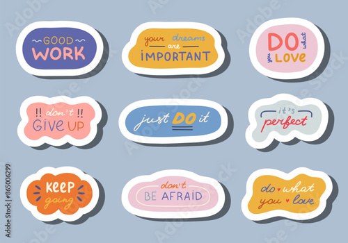 Set of stickers with handwritten lettering with motivational and cheering phrases for planners, notebooks. Ready for print list of cute stickers. Inspirational typography for good job, achievement.