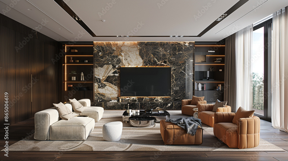 An elegant living room with contemporary furnishings, large windows with natural light, and sophisticated decor, offering a luxurious and comfortable space for living and entertaining. An elegant living room with contemporary furnishings, large windows with natural light, and sophisticated decor, offering a luxurious and comfortable space for living and entertaining.