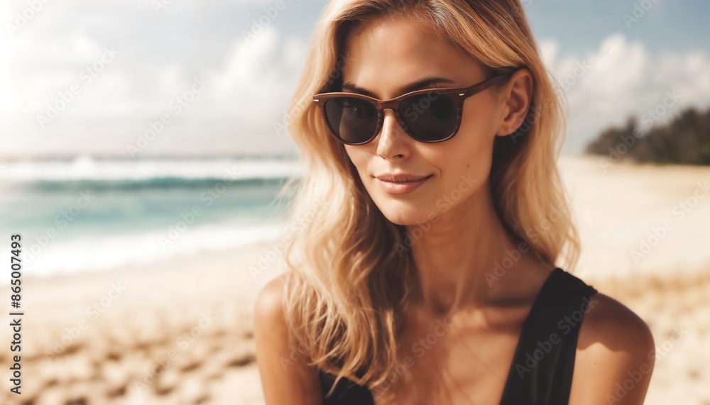 Woman Wearing Sunglasses On A Sunny Beach Woman Wearing Sunglasses On A Sunny Beach