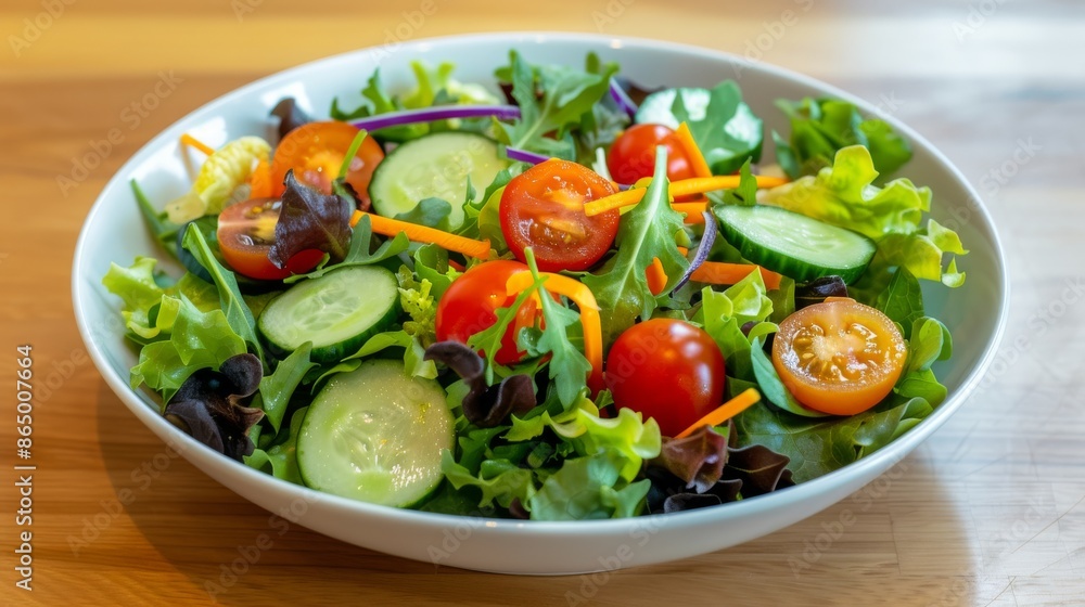 a fresh garden salad with mixed greens, cherry tomatoes, cucumbers, shredded carrots a fresh garden salad with mixed greens, cherry tomatoes, cucumbers, shredded carrots