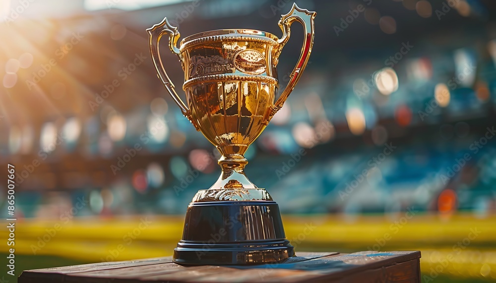 Trophy cup on the background of the football stadium. Close-up Trophy cup on the background of the football stadium. Close-up