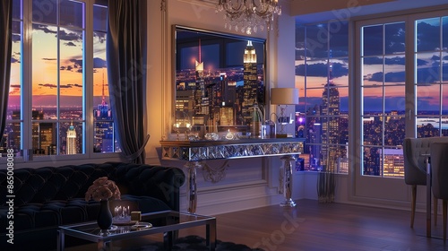 A chic living room with a mirrored console table, a black tufted sofa, and a picture window with a view of a citya??s twinkling skyline photo