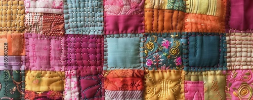 Tiny cloth squares stitched together in a patchwork quilt, detailed fabric work, handcrafted quilting designs