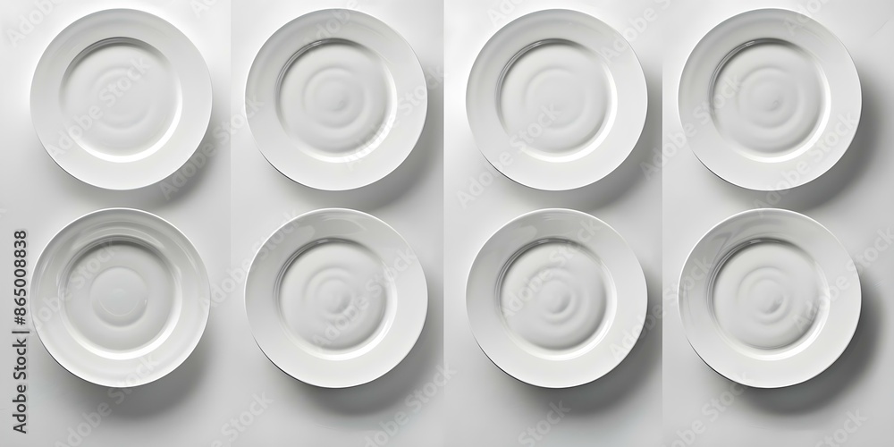 Collection of clean white plates captured from different perspectives against a white background. Concept Minimalist Photography, in White, Plate Series, Clean Aesthetic, Perspective Shots Collection of clean white plates captured from different perspectives against a white background. Concept Minimalist Photography, in White, Plate Series, Clean Aesthetic, Perspective Shots