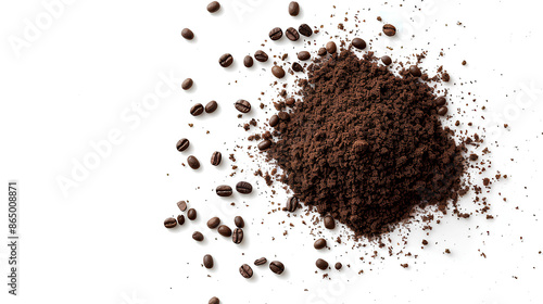 Ground coffee scattered isolated on white, top view