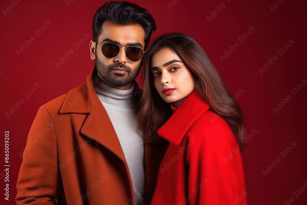 happy couple standing together on red background happy couple standing together on red background