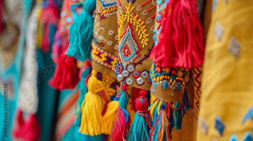 Traditional tribal cloths adorned with tassels and beading representing the diverse cultures coming together to celebrate at the flying festival. © Justlight