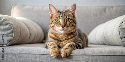 A cute tabby cat lounging on a comfortable sofa, cat, couch, comfortable, cozy, relaxing, domestic animal, pet, feline, living room