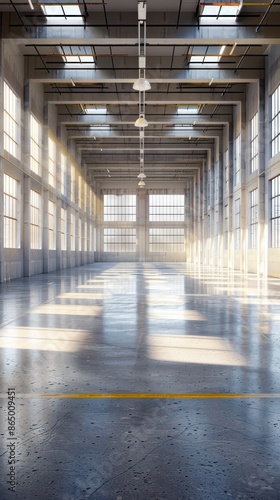 Sunlight streaming into a spacious empty industrial warehouse with high ceilings and large windows, casting reflections on the polished floor. © HDP-STUDIO