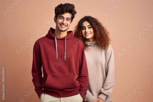happy couple standing together on red background © Neha