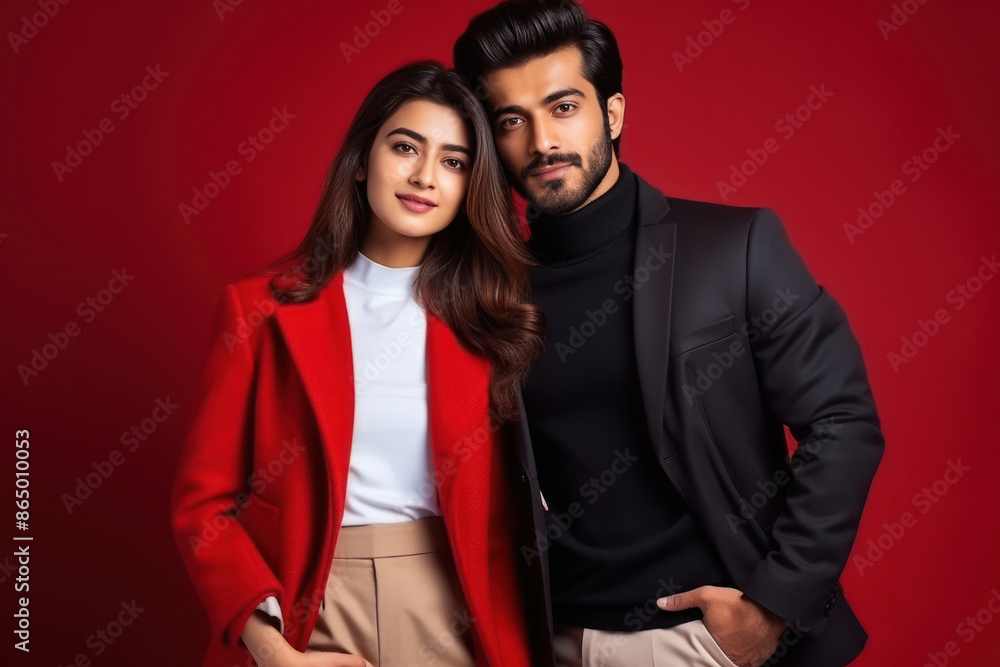 happy couple standing together on red background happy couple standing together on red background