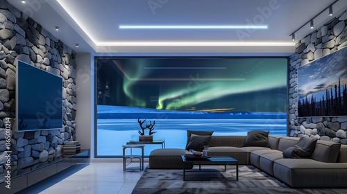 A contemporary living room with an LED ceiling light, a stone accent wall, and a picture window with a view of a frozen lake under the northern lights © Sana