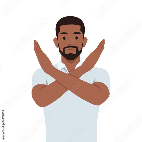 Angry man standing with the crossed arms, no sign. Flat vector illustration isolated on white background
