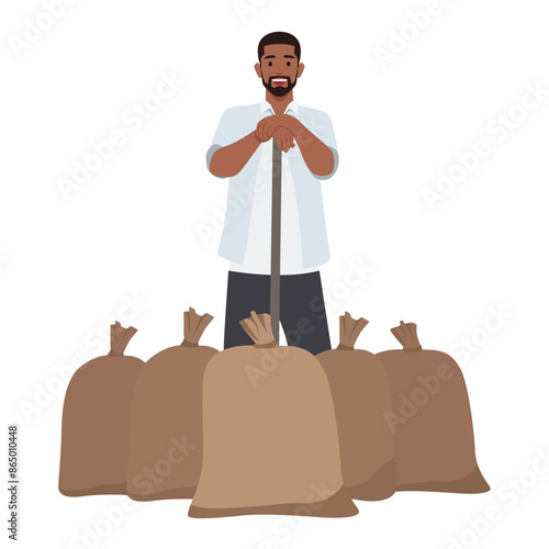 Agriculture farming and nature concept. Smiling man farmer standing. Flat vector illustration isolated on white background