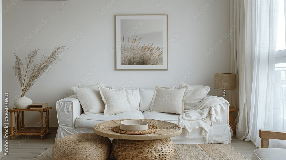 Fototapeta premium An elegant living room with contemporary furnishings, large windows with natural light, and sophisticated decor, creating a luxurious and comfortable space for living and entertaining.