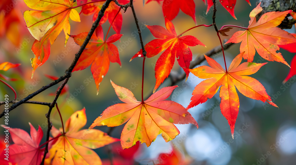 beautiful red, yellow autumn maple leaves in blurred background,close-up of maple tree with vibrant red autumn leaves,generative ai beautiful red, yellow autumn maple leaves in blurred background,close-up of maple tree with vibrant red autumn leaves,generative ai