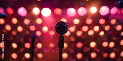 Spotlight on the Comic Stage Bright Lights, Centered Microphone, and Performers Delivering Punchlines. Concept Stand-up Comedy, Stage Performance, Bright Lights, Punchlines Delivery