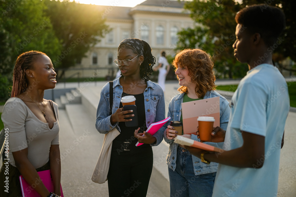 Diverse group of students at campus on break near university building. Diverse group of students at campus on break near university building.