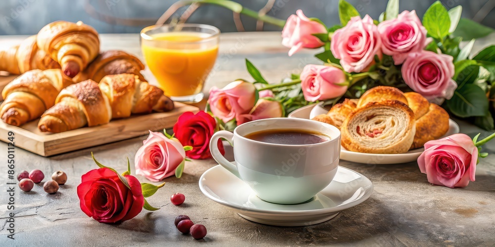 Morning breakfast spread featuring fresh coffee, pastries, and roses at sunrise, morning, breakfast, spread Morning breakfast spread featuring fresh coffee, pastries, and roses at sunrise, morning, breakfast, spread