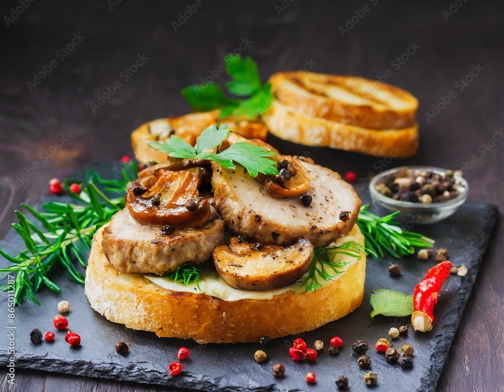 Sandwich mit Schweinemedaillons, Pfefferkörner, gebratene Champignons und Kräutern Sandwich mit Schweinemedaillons, Pfefferkörner, gebratene Champignons und Kräutern