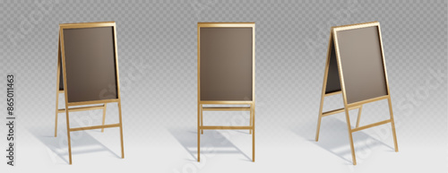 Gold easel stand board mockup. Advertising sandwich billboard frame. 3d isolated restaurant signage for sidewalk. Outdoor cafe promo empty chalkboard banner for side walk pavement mock up vector.