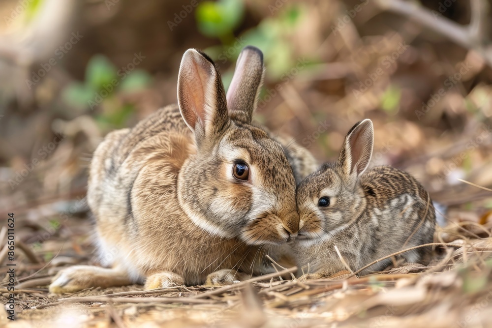 A mother rabbit and her young sit side by side in a heartwarming scene, A tender moment captured between a mother rabbit and her baby A mother rabbit and her young sit side by side in a heartwarming scene, A tender moment captured between a mother rabbit and her baby