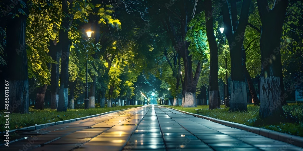 Night city street photo with glowing sidewalks and trees bordering the scene. Concept Night Photography, Cityscape, Glowing Sidewalks, Urban Landscape, Tree-Lined Street Night city street photo with glowing sidewalks and trees bordering the scene. Concept Night Photography, Cityscape, Glowing Sidewalks, Urban Landscape, Tree-Lined Street