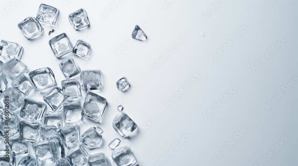 Ice cubes on a white background with copy space top view
