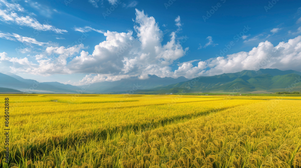 Scenic Landscape of Lush Green and Yellow Rice Fields with Mountains Scenic Landscape of Lush Green and Yellow Rice Fields with Mountains