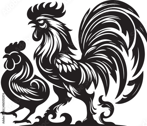 Rooster tattoo silhouette and victor with white background