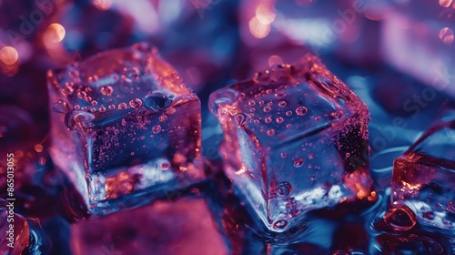 Ice cubes in a beautiful purple light with water drops close up