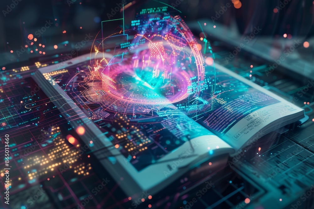A textbook displaying a brain image on its cover, symbolizing education and cognitive topics, A textbook with a futuristic holographic cover A textbook displaying a brain image on its cover, symbolizing education and cognitive topics, A textbook with a futuristic holographic cover