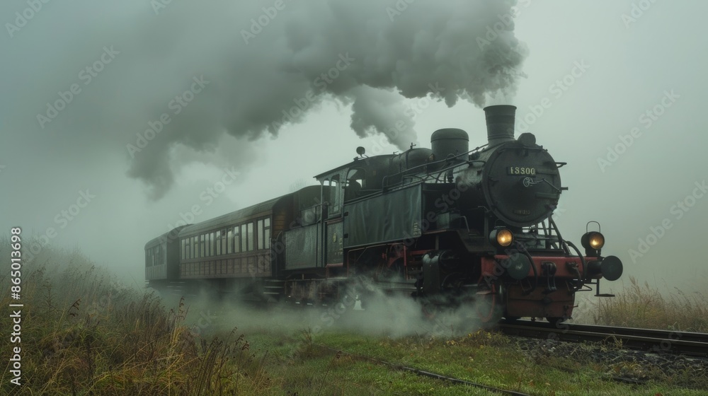 Obraz premium A mysterious train chugs through the foggy countryside.