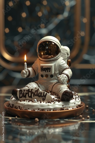 3D chocolate birthday cake with astronaut theme: one candle and 'Happy Birthday' text. photo