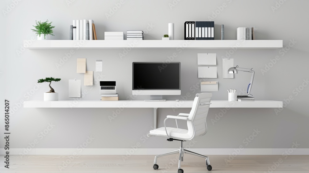 Home office with a floating desk, ergonomic chair, and wall-mounted bookshelves. Home office with a floating desk, ergonomic chair, and wall-mounted bookshelves.