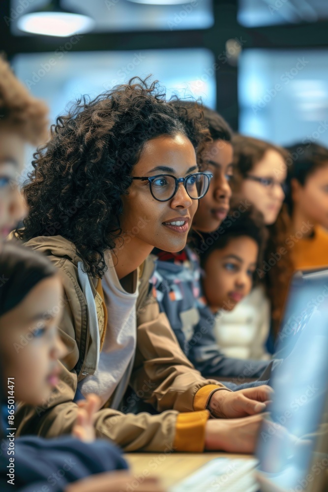 11. Portrait of a multi-ethnic teacher guiding students during a computer class, high detail, photorealistic, well-lit lab 11. Portrait of a multi-ethnic teacher guiding students during a computer class, high detail, photorealistic, well-lit lab