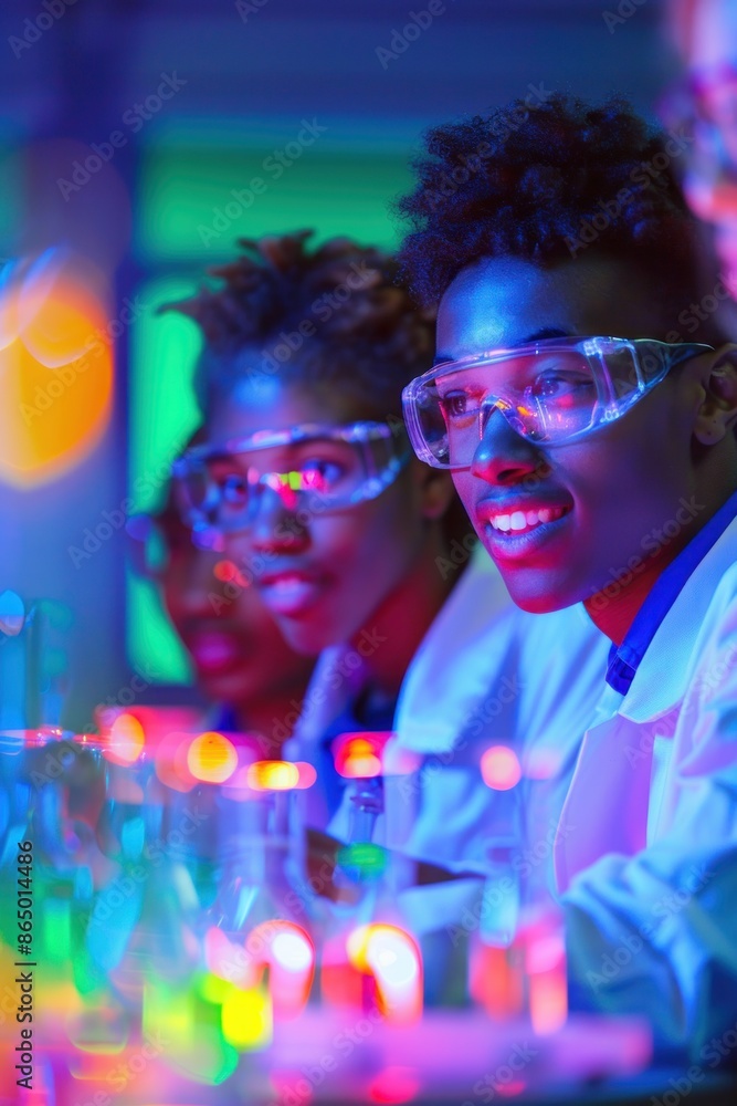 12. Portrait of a diverse group of students conducting a chemistry experiment, bright lighting, focused expressions, lab setting 12. Portrait of a diverse group of students conducting a chemistry experiment, bright lighting, focused expressions, lab setting